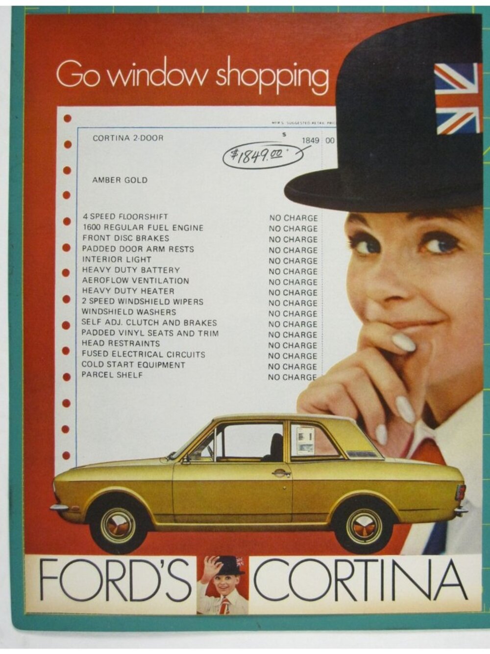 Print Ad Go Window Shopping Fords Cortina Gold Vintage 1960s UK Design AD